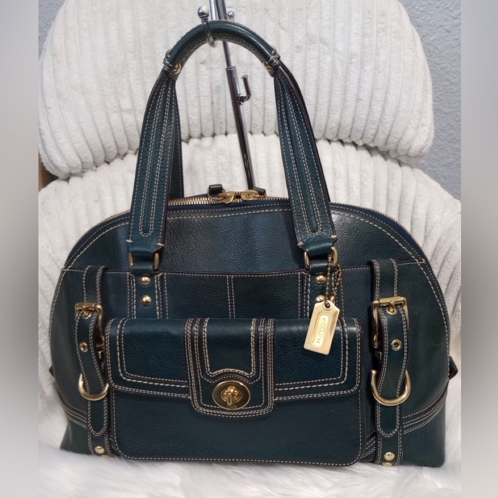 Coach Hamptons Blue Leather Satchel with Gold Accents - Picture 5 of 16